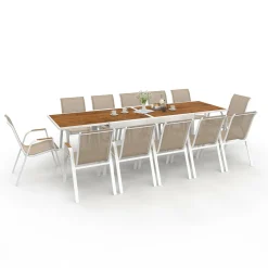 Salon de jardin extensible 12 personnes table 135/270 cm plateau effet bois et chaises empilables blanc et bois*IDMarket Online