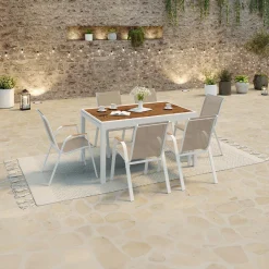Salon de jardin extensible 12 personnes table 135/270 cm plateau effet bois et chaises empilables blanc et bois*IDMarket Online