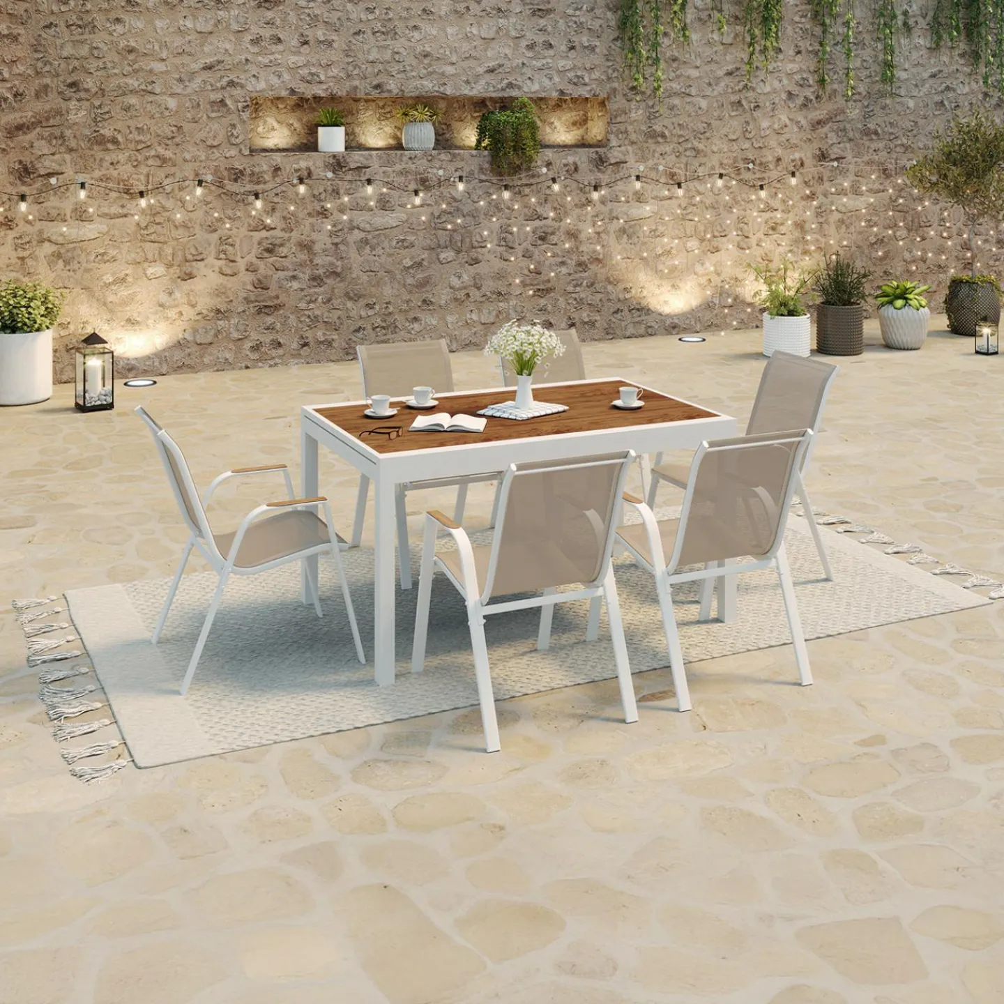 Salon de jardin extensible 12 personnes table 135/270 cm plateau effet bois et chaises empilables blanc et bois*IDMarket Online