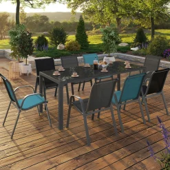 Salon de jardin mix color bleu, gris et noir table 190 cm et 8 chaises empilables*IDMarket