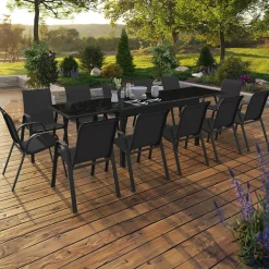 Salon de jardin noir avec table extensible et 12 chaises empilables*IDMarket