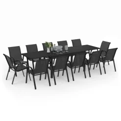 Salon de jardin noir avec table extensible et 12 chaises empilables*IDMarket