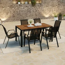 Salon de jardin noir et bois avec table 150 cm plateau verre trempé effet bois et 6 chaises empilables*IDMarket Hot