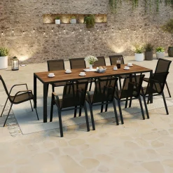 Salon de jardin noir et bois table de jardin 240 cm avec 10 chaises empilables*IDMarket New