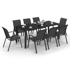 Salon de jardin noir table 190 cm et 8 chaises empilables*IDMarket Outlet
