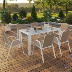 Salon de jardin 6 personnes chaises empilables blanc et beige table 150 cm*IDMarket Clearance