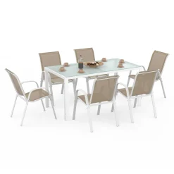 Salon de jardin 6 personnes chaises empilables blanc et beige table 150 cm*IDMarket Clearance