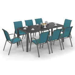 Salon de jardin table 190 cm et 8 chaises empilables bleu canard*IDMarket Sale