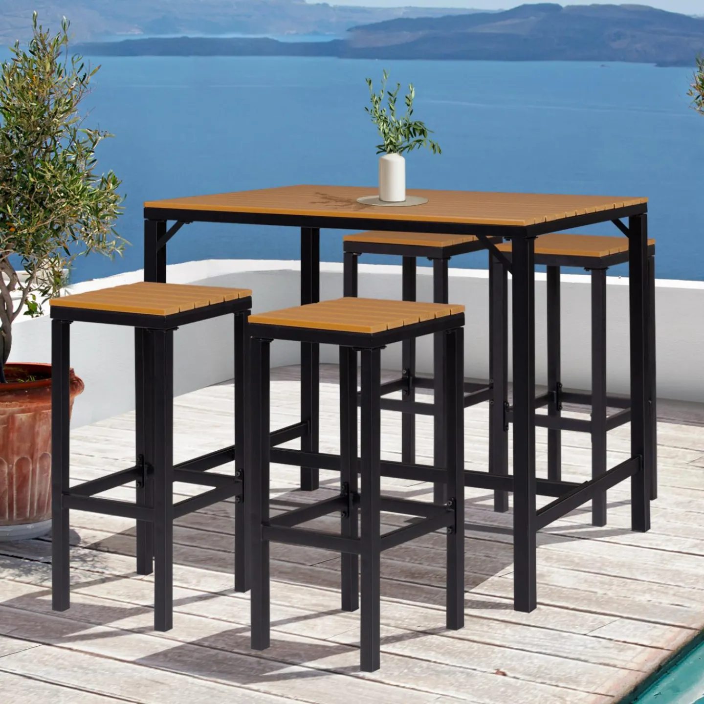 Salon haut de jardin bar d'exterieur design industriel effet bois et noir*IDMarket Best