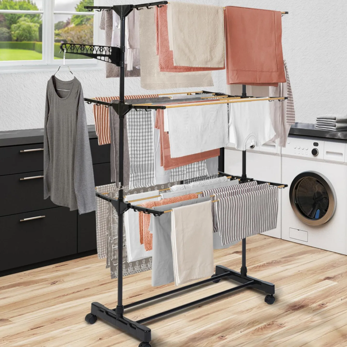 Séchoir à linge couleur noir et aspect bois*IDMarket