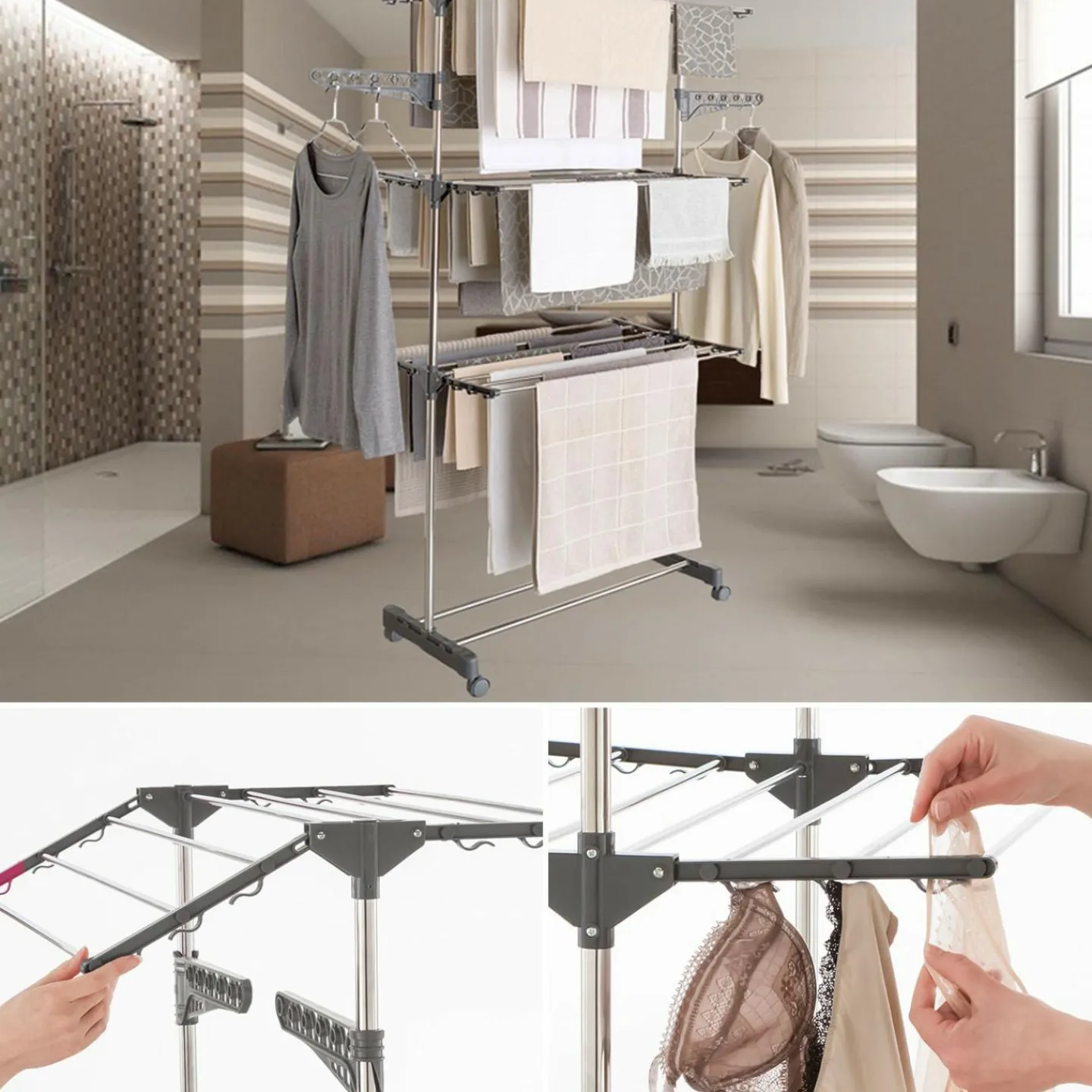 Séchoir à linge en inox couleur grise*IDMarket Best