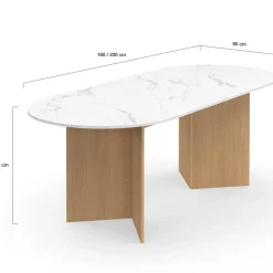 Table à manger extensible ovale MARTHE 6 -10 personnes plateau marbre blanc ALASKA et bois façon hêtre 160-200 cm*IDMarket Discount