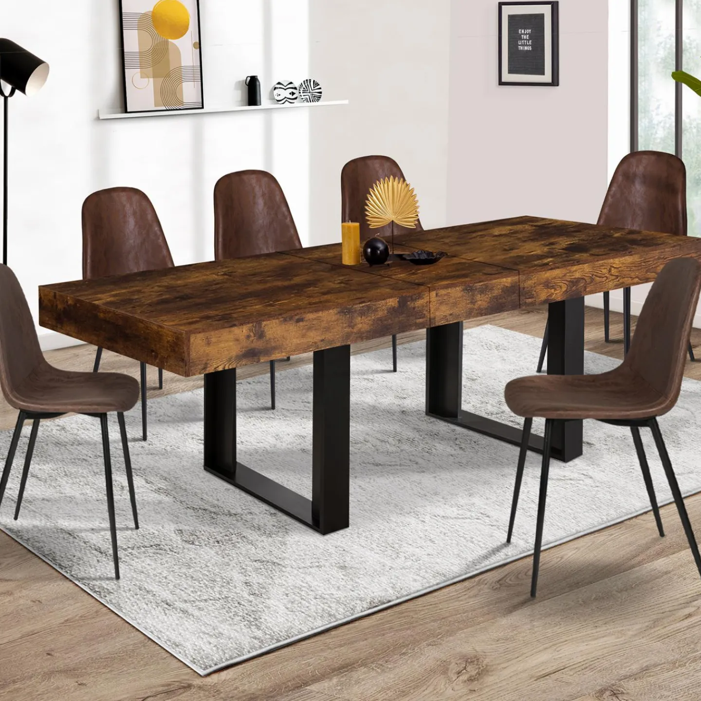 Table à manger 4 à 8 personnes bois effet vieilli et pieds noirs*IDMarket