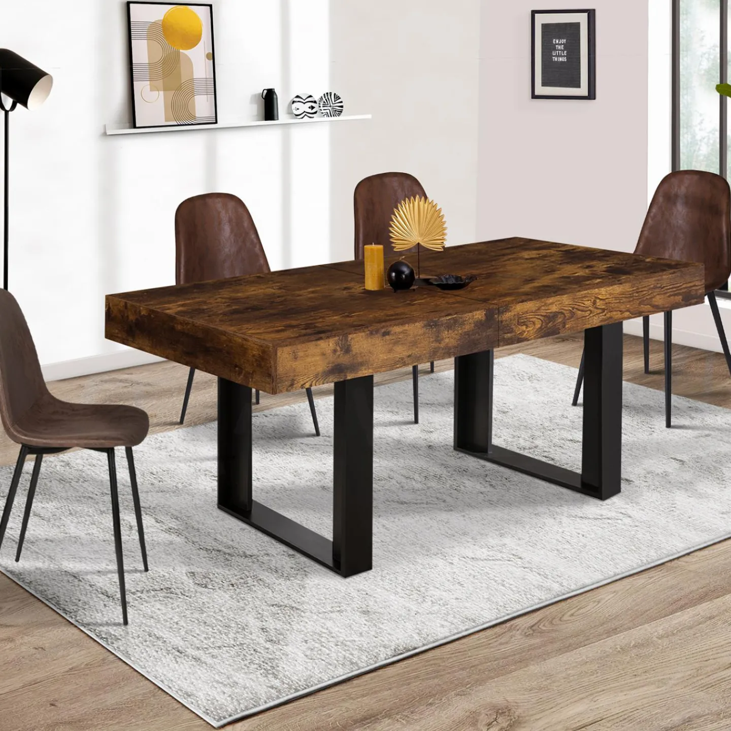 Table à manger 4 à 8 personnes bois effet vieilli et pieds noirs*IDMarket