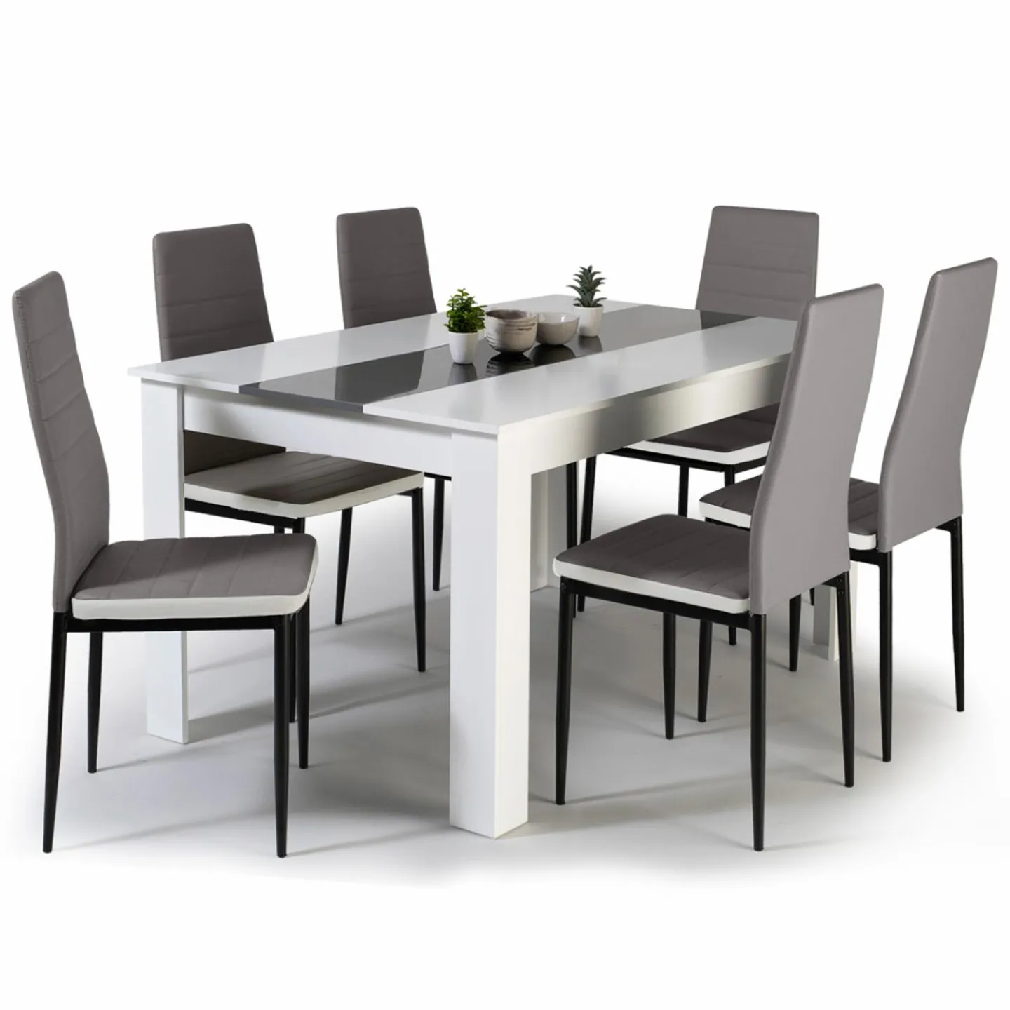 Table à manger blanche et grise 140 cm avec 6 chaises grises liseré blanc*IDMarket Discount