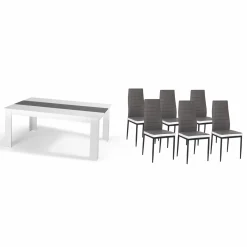 Table à manger blanche et grise 140 cm avec 6 chaises grises liseré blanc*IDMarket Discount