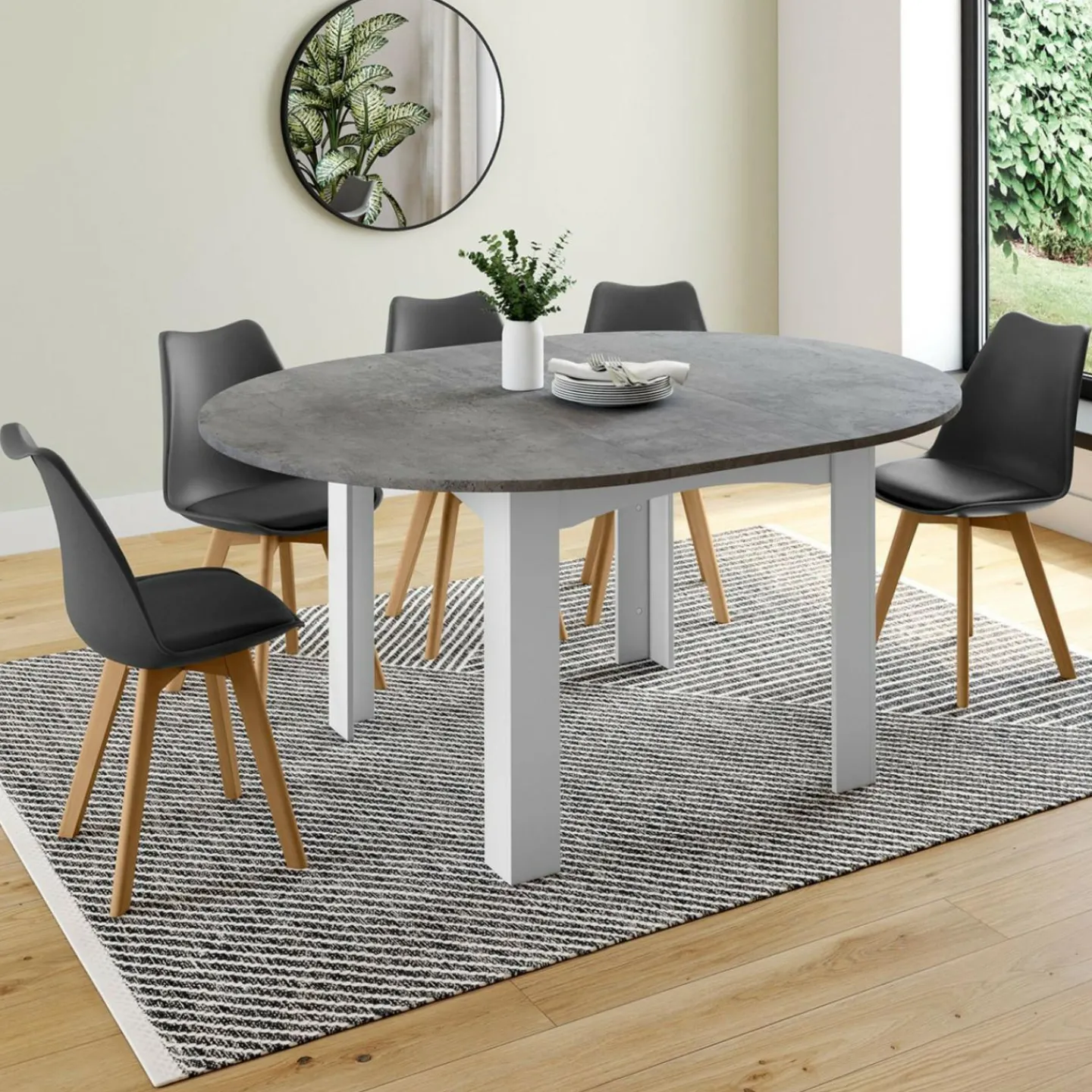 Table à manger blanche et plateau effet béton extensible ronde*IDMarket