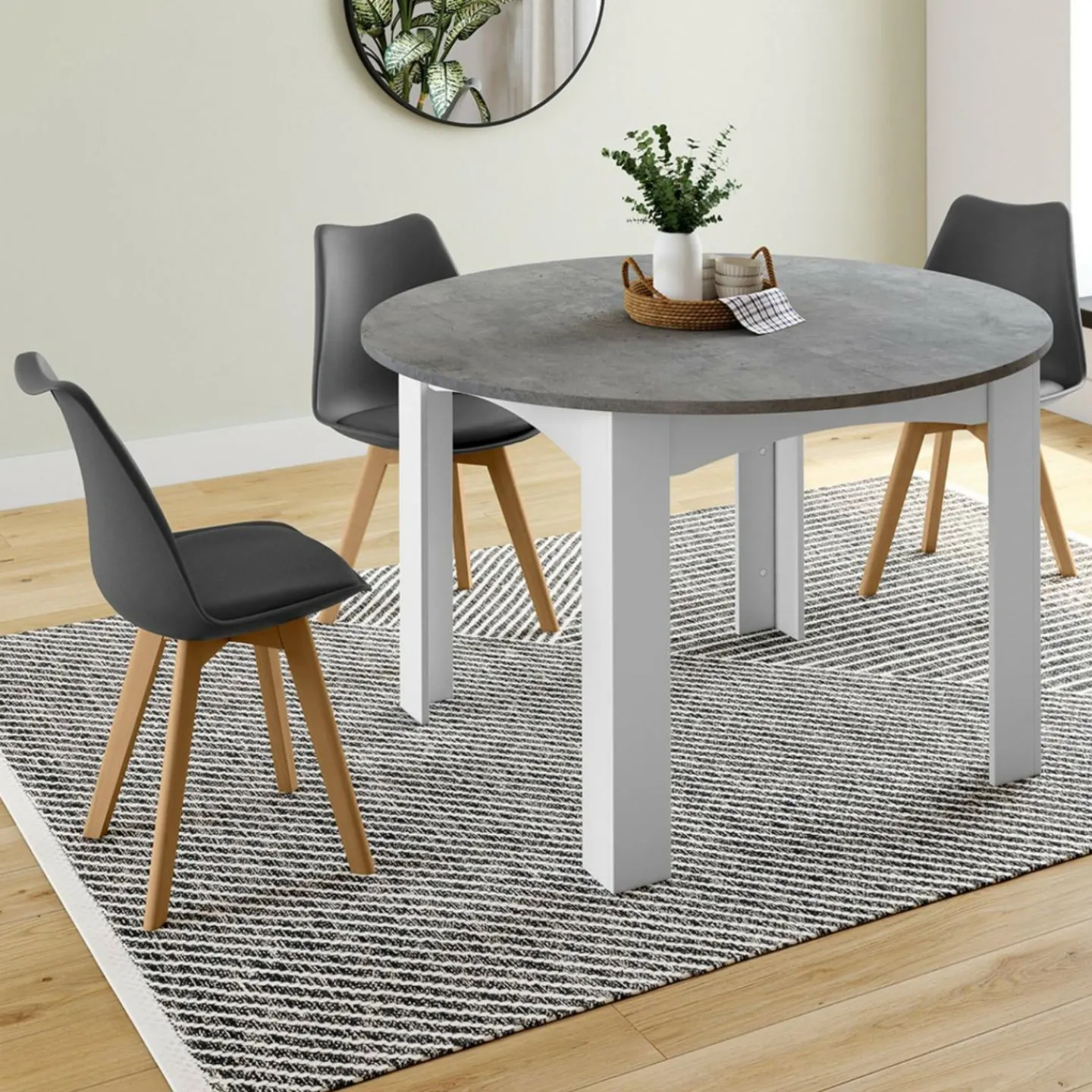 Table à manger blanche et plateau effet béton extensible ronde*IDMarket