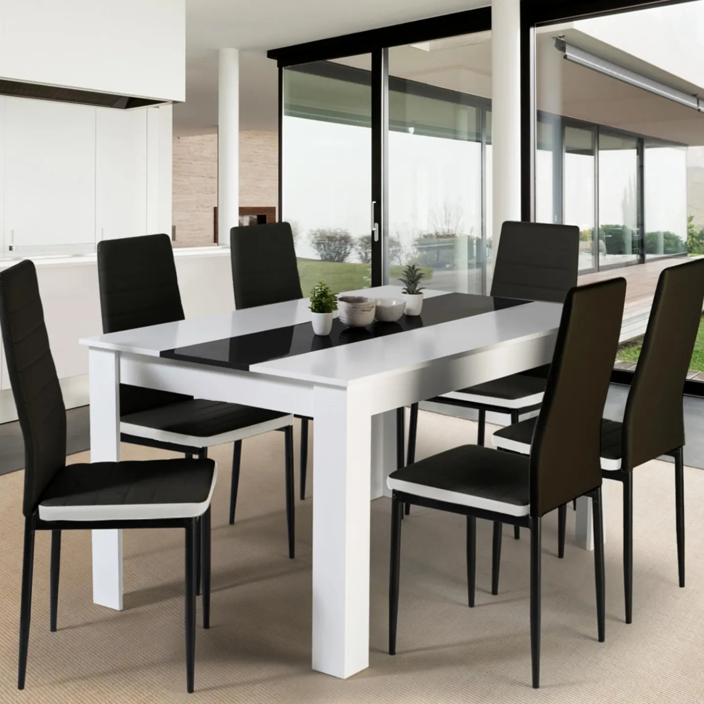 Table à manger blanche et noire 140 cm et 6 chaises noires liseré blanc*IDMarket Online