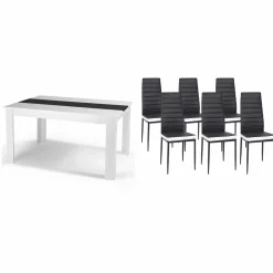 Table à manger blanche et noire 140 cm et 6 chaises noires liseré blanc*IDMarket Online