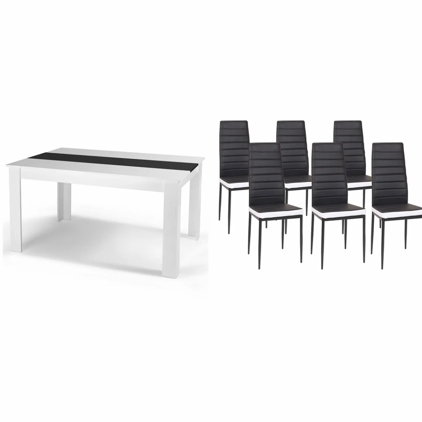 Table à manger blanche et noire 140 cm et 6 chaises noires liseré blanc*IDMarket Online