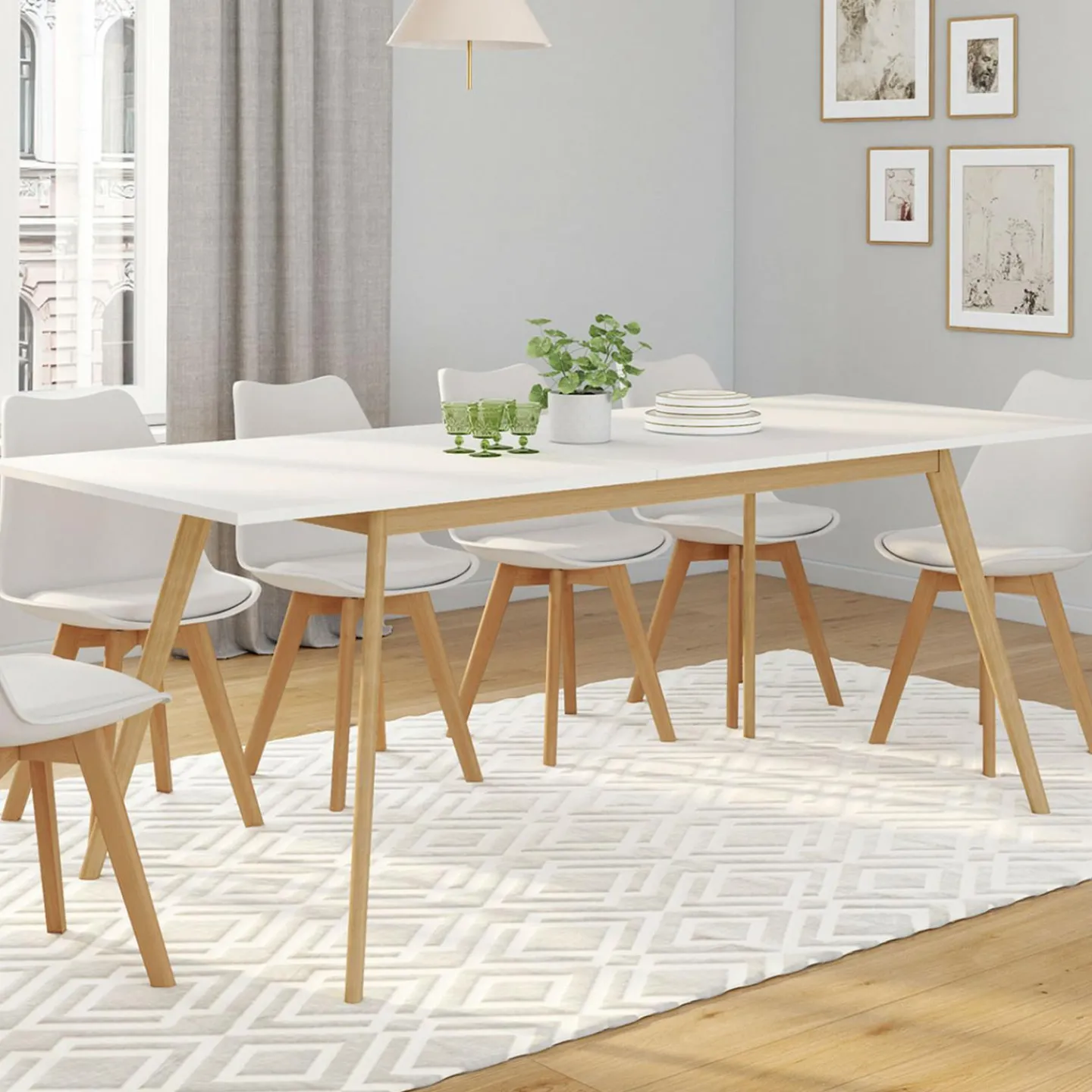 Table à manger blanche extensible 160-200 cm et 6 chaises scandinaves bois et blanc*IDMarket Outlet