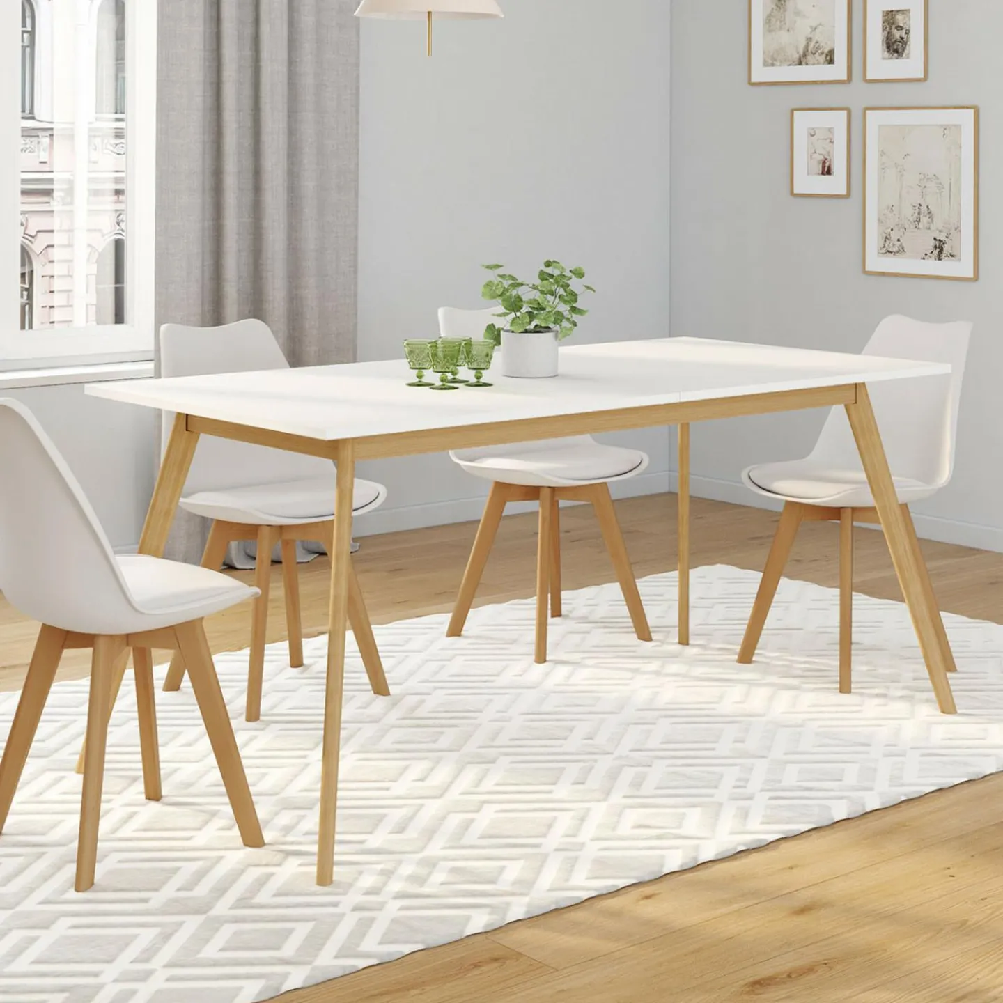 Table à manger blanche extensible 160-200 cm et 6 chaises scandinaves bois et blanc*IDMarket Outlet