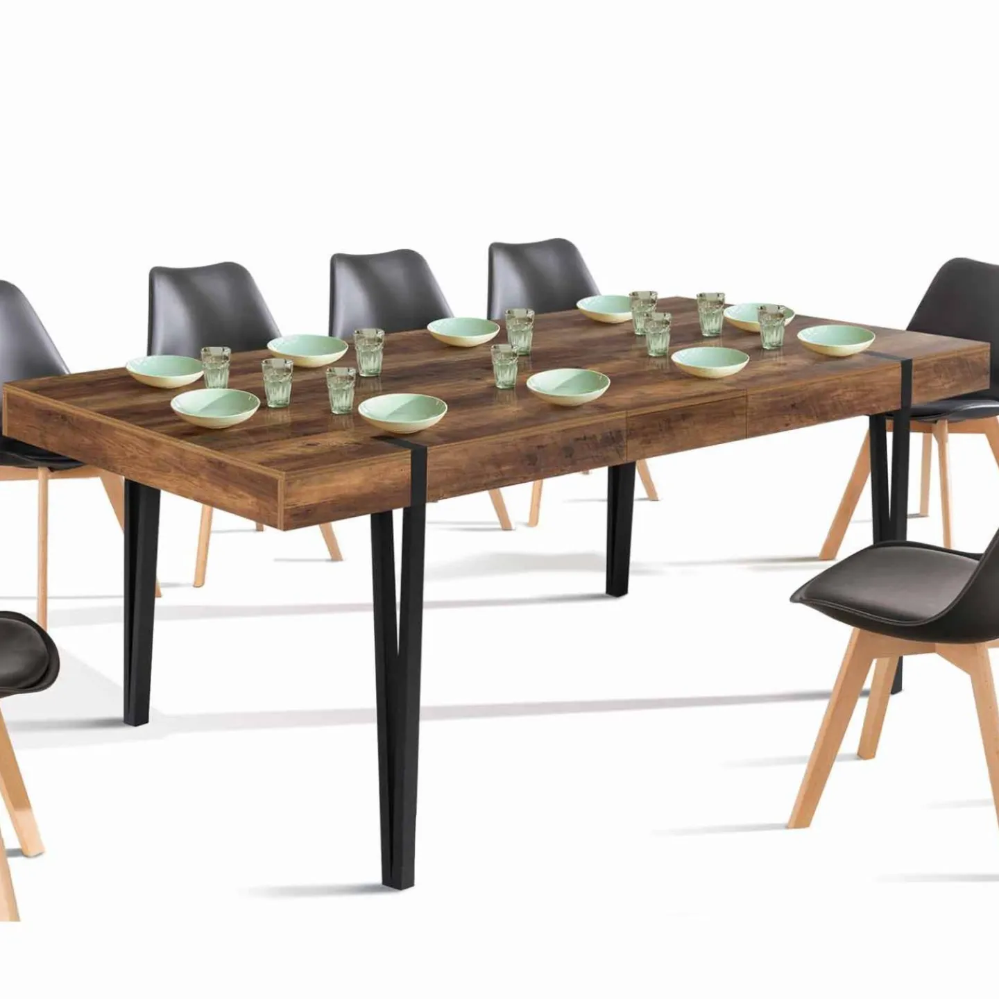 Table à manger bois foncé extensible 6-10 personnes avec pied épingle*IDMarket Hot