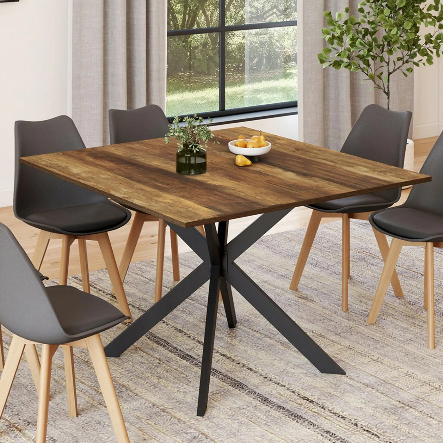 Table à manger carrée 110 cm 8 personnes plateau en bois foncé avec pied araignée en métal noir*IDMarket