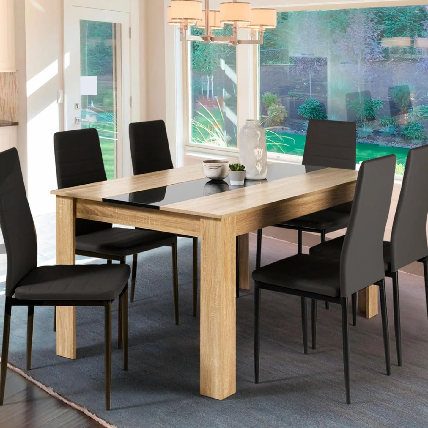 Table à manger en bois imitation hêtre et noir 140 cm et 6 chaises noires*IDMarket Outlet