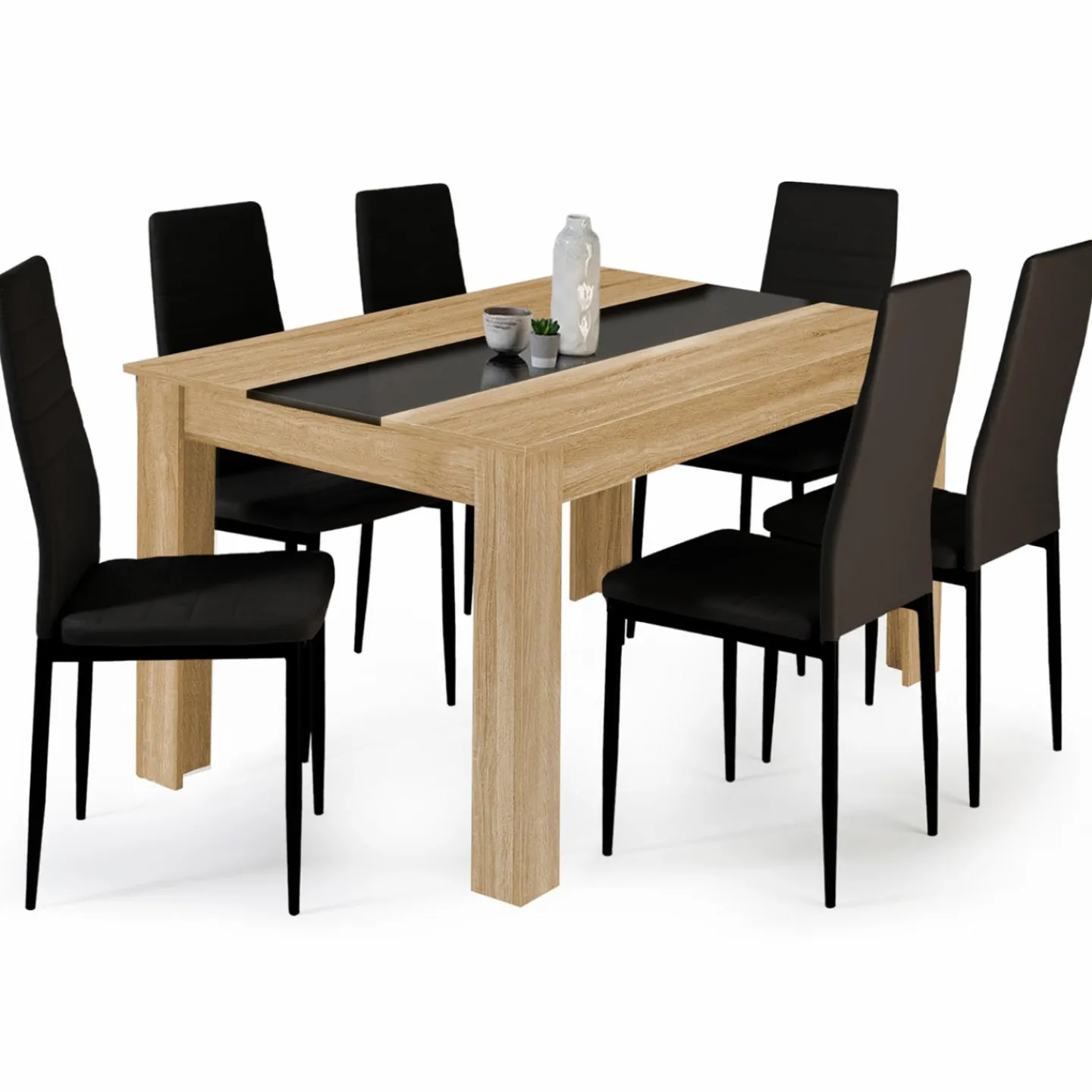 Table à manger en bois imitation hêtre et noir 140 cm et 6 chaises noires*IDMarket Outlet