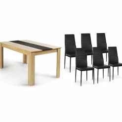 Table à manger en bois imitation hêtre et noir 140 cm et 6 chaises noires*IDMarket Outlet