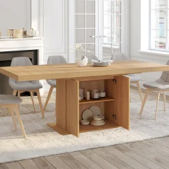 Table à manger extensible 160-200 cm lattes tasseau bois avec rangement pied central 6-10 personnes*IDMarket Clearance