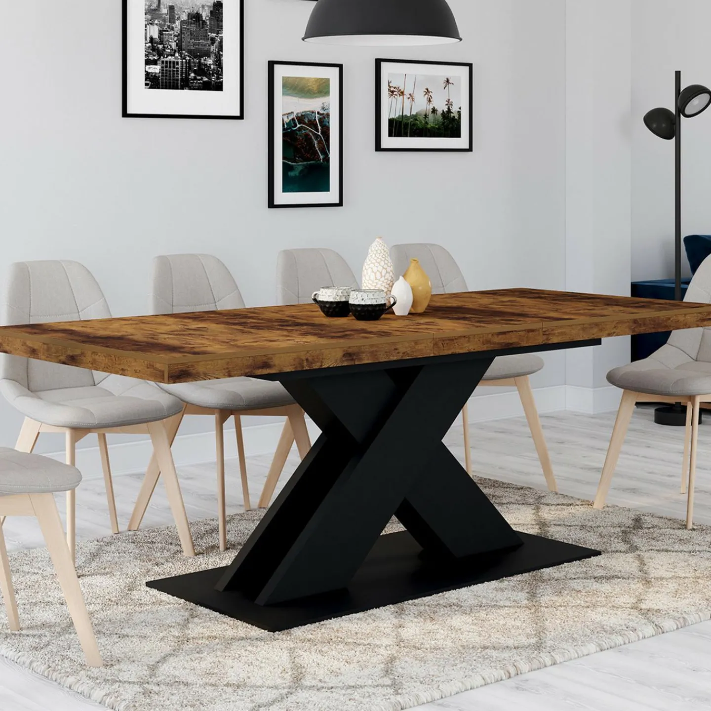 Table à manger extensible rectangle 160-200 cm 6-10 personnes pied X noir et plateau bois foncé*IDMarket Outlet