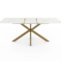Table à manger extensible 160-200 cm 6-10 personnes avec plateau effet marbre doré et pied araignée en laiton*IDMarket Sale