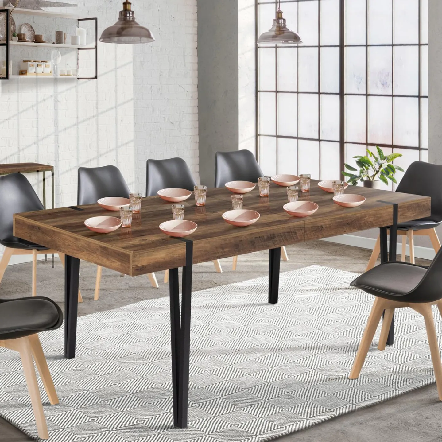 Table à manger extensible en bois pieds épingle noir 8-12 personnes 200-240 cm*IDMarket Discount