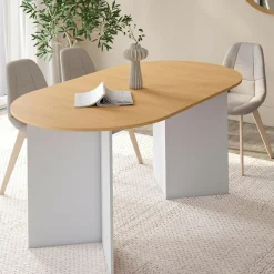 Table à manger extensible ovale MARTHE 6 -10 personnes bois façon hêtre et blanc 160-200 cm*IDMarket Sale