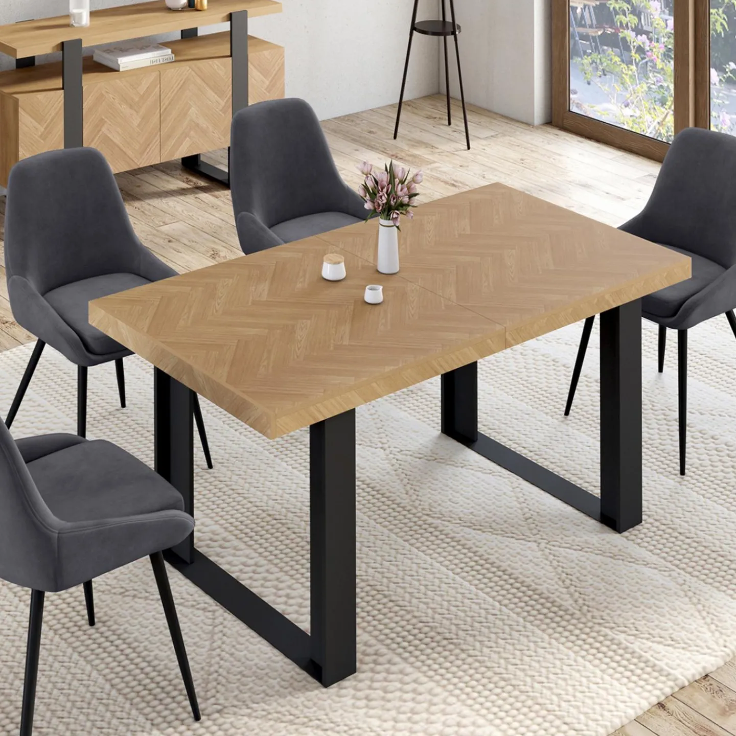 Table à manger extensible rectangulaire effet chevrons et noir*IDMarket