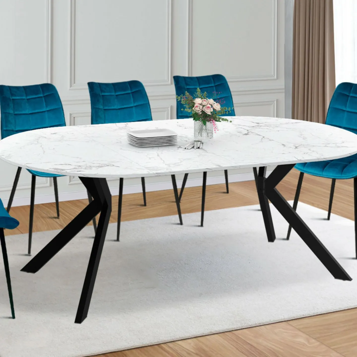 Table à manger extensible ronde 4-10 personnes pied araignée noir plateau effet marbre blanc 110-200 cm*IDMarket