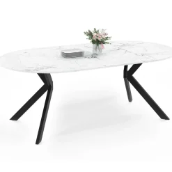 Table à manger extensible ronde 4-10 personnes pied araignée noir plateau effet marbre blanc 110-200 cm*IDMarket