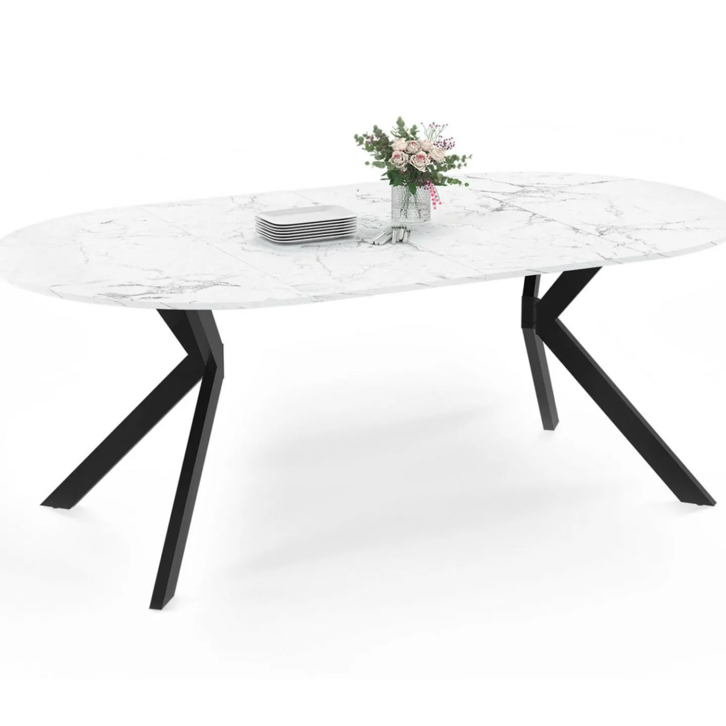 Table à manger extensible ronde 4-10 personnes pied araignée noir plateau effet marbre blanc 110-200 cm*IDMarket