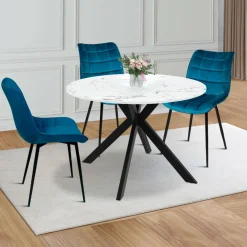 Table à manger extensible ronde 4-10 personnes pied araignée noir plateau effet marbre blanc 110-200 cm*IDMarket
