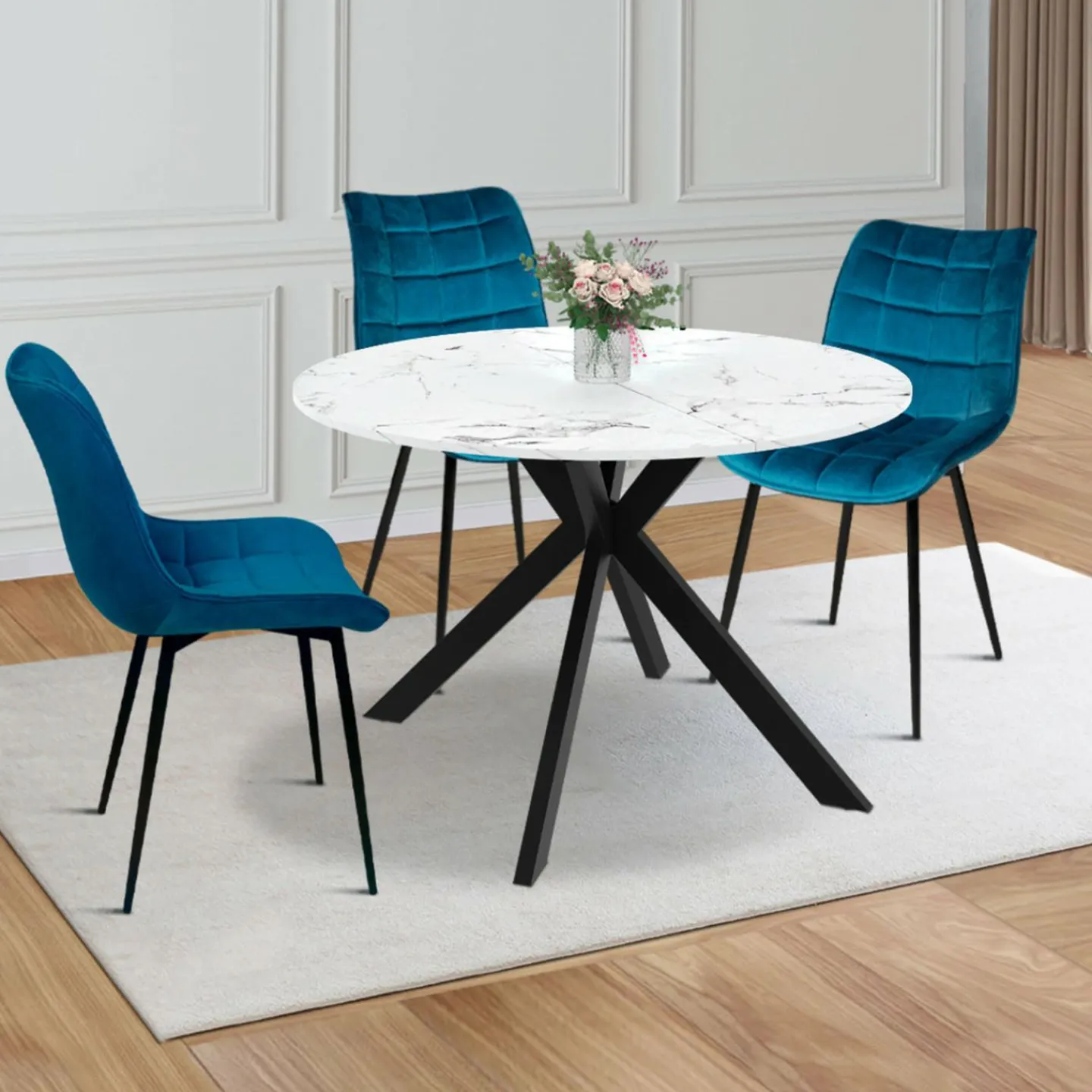 Table à manger extensible ronde 4-10 personnes pied araignée noir plateau effet marbre blanc 110-200 cm*IDMarket