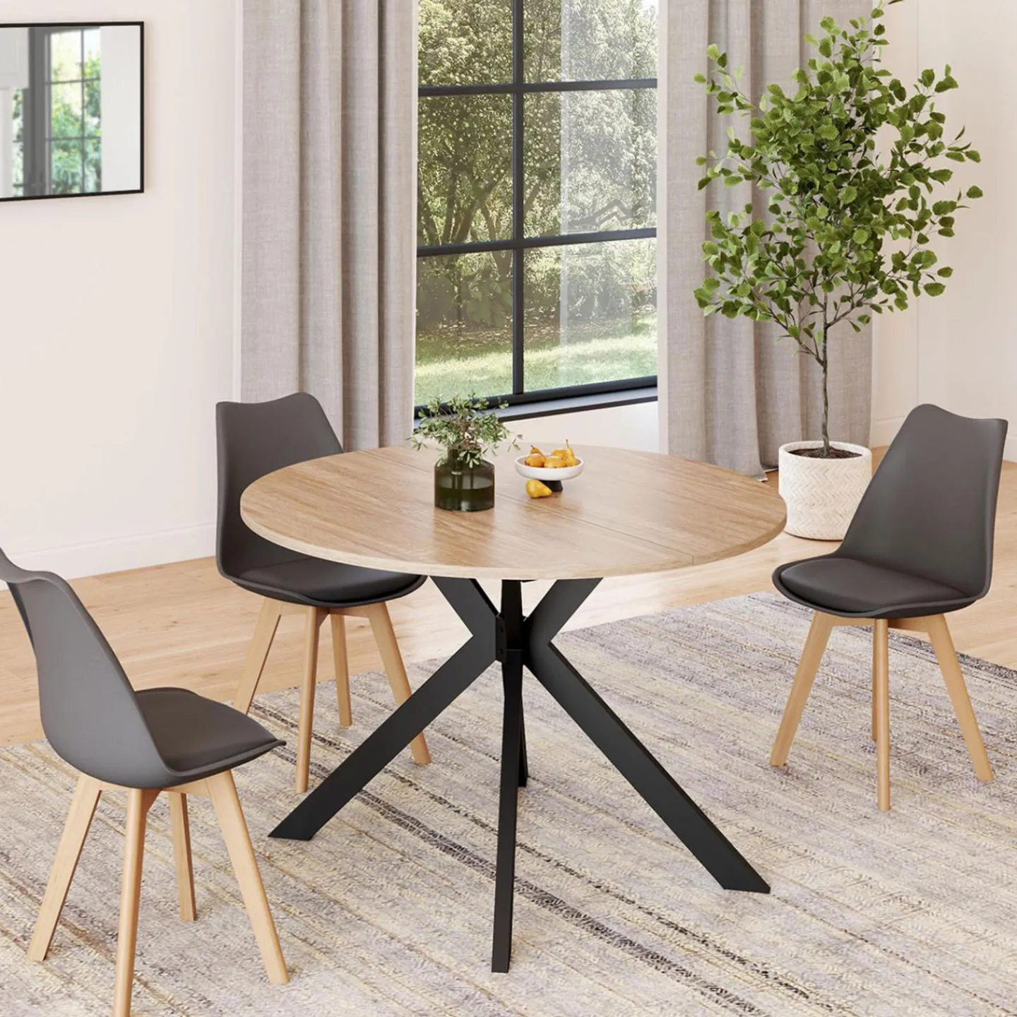Table à manger extensible ronde 110-200 cm 4-10 personnes bois et pied araignée noir*IDMarket Clearance
