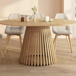 Table à manger extensible ronde 4-8 personnes pied bois en lattes et plateau bois 110 - 150cm*IDMarket New