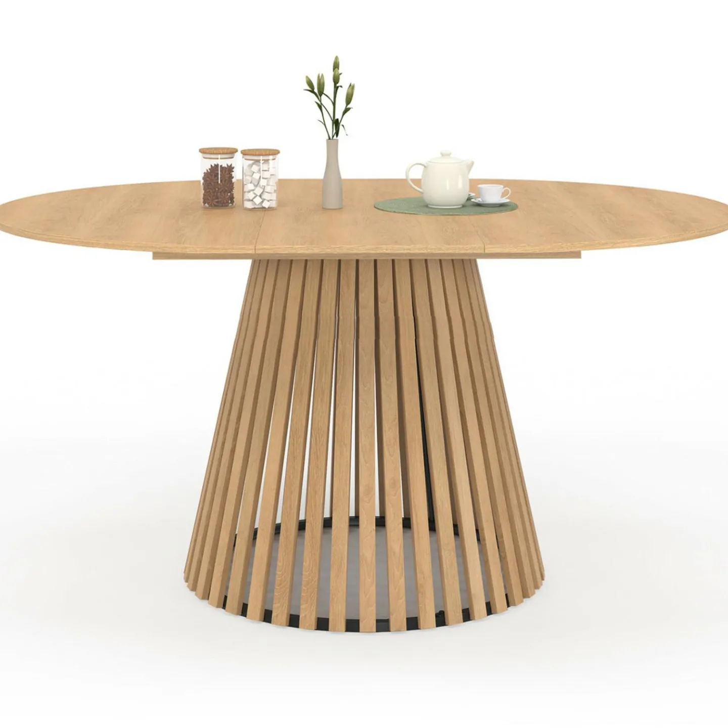 Table à manger extensible ronde 4-8 personnes pied bois en lattes et plateau bois 110 - 150cm*IDMarket New