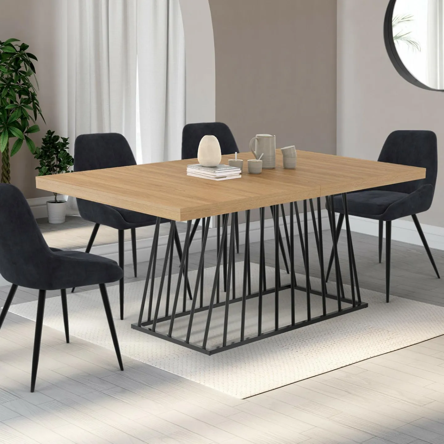 Table à manger extensible rectangle 160-200 cm 6-10 personnes plateau bois et pied filaire en métal noir*IDMarket Hot