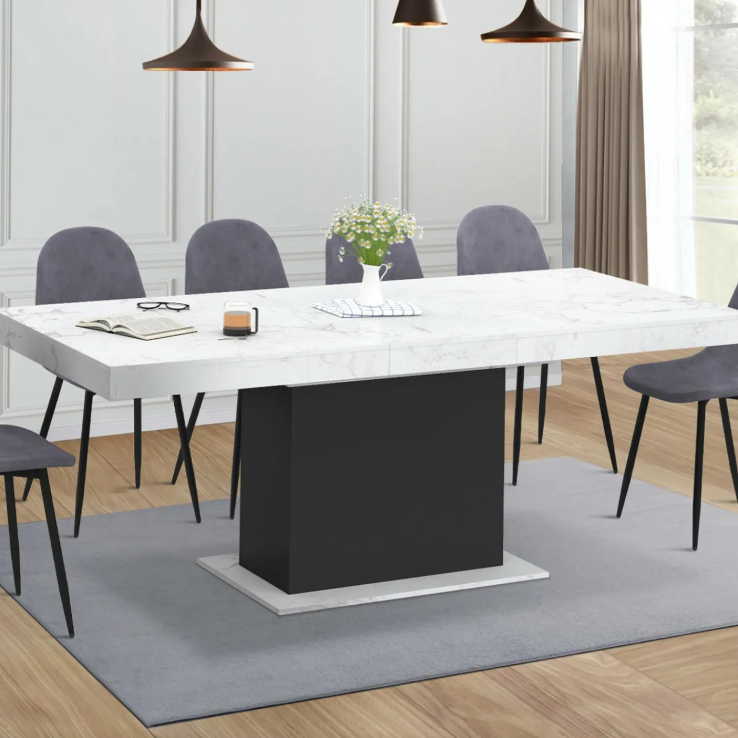 Table à manger extensible 160-200 cm 6-10 personnes plateau effet marbre blanc pied noir*IDMarket Discount