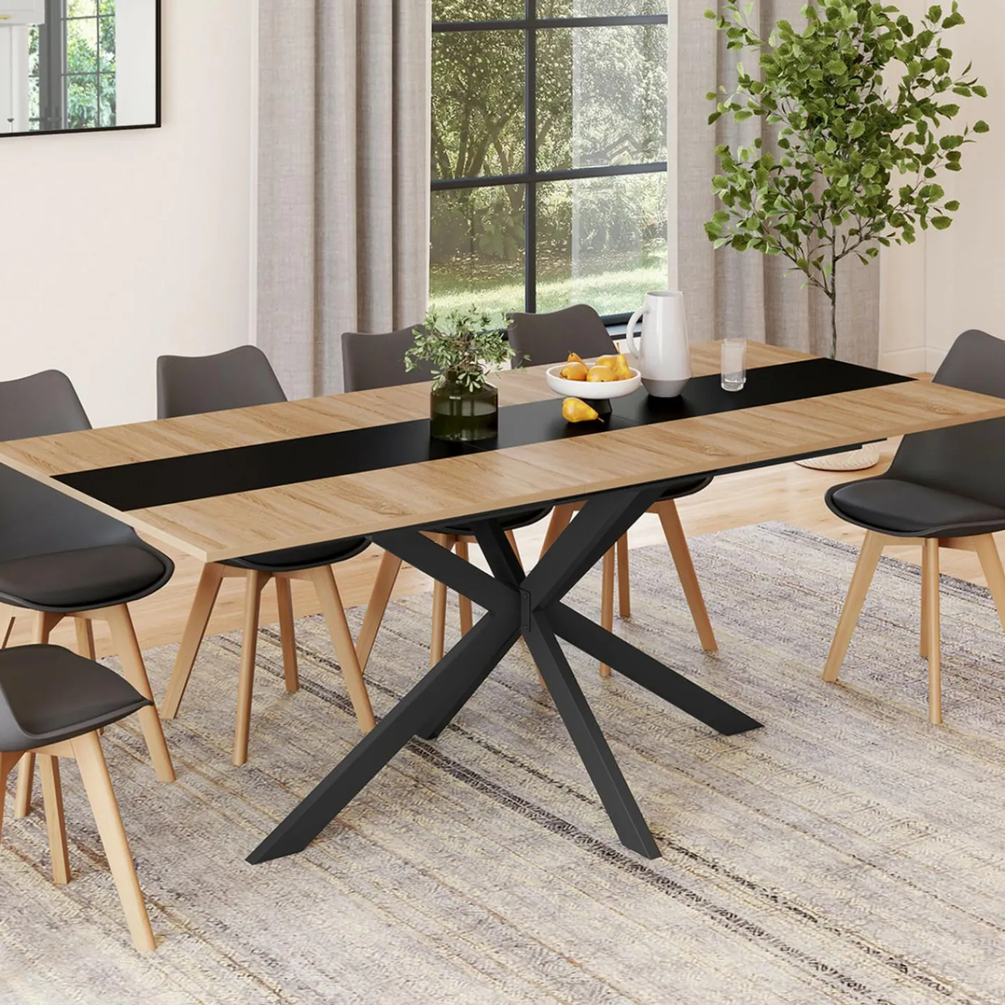 Table à manger extensible rectangle bois et bande centrale noir 160 - 200 cm*IDMarket