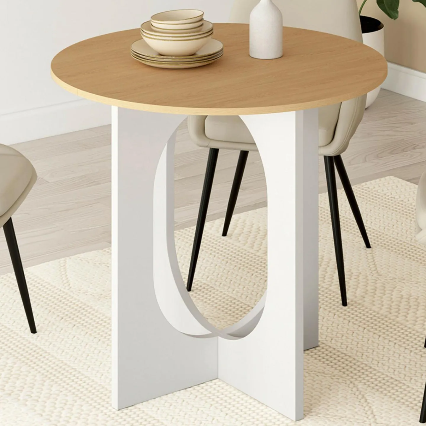 Table à manger fixe ronde 4 personnes pied arc blanc et bois 80 cm*IDMarket Outlet